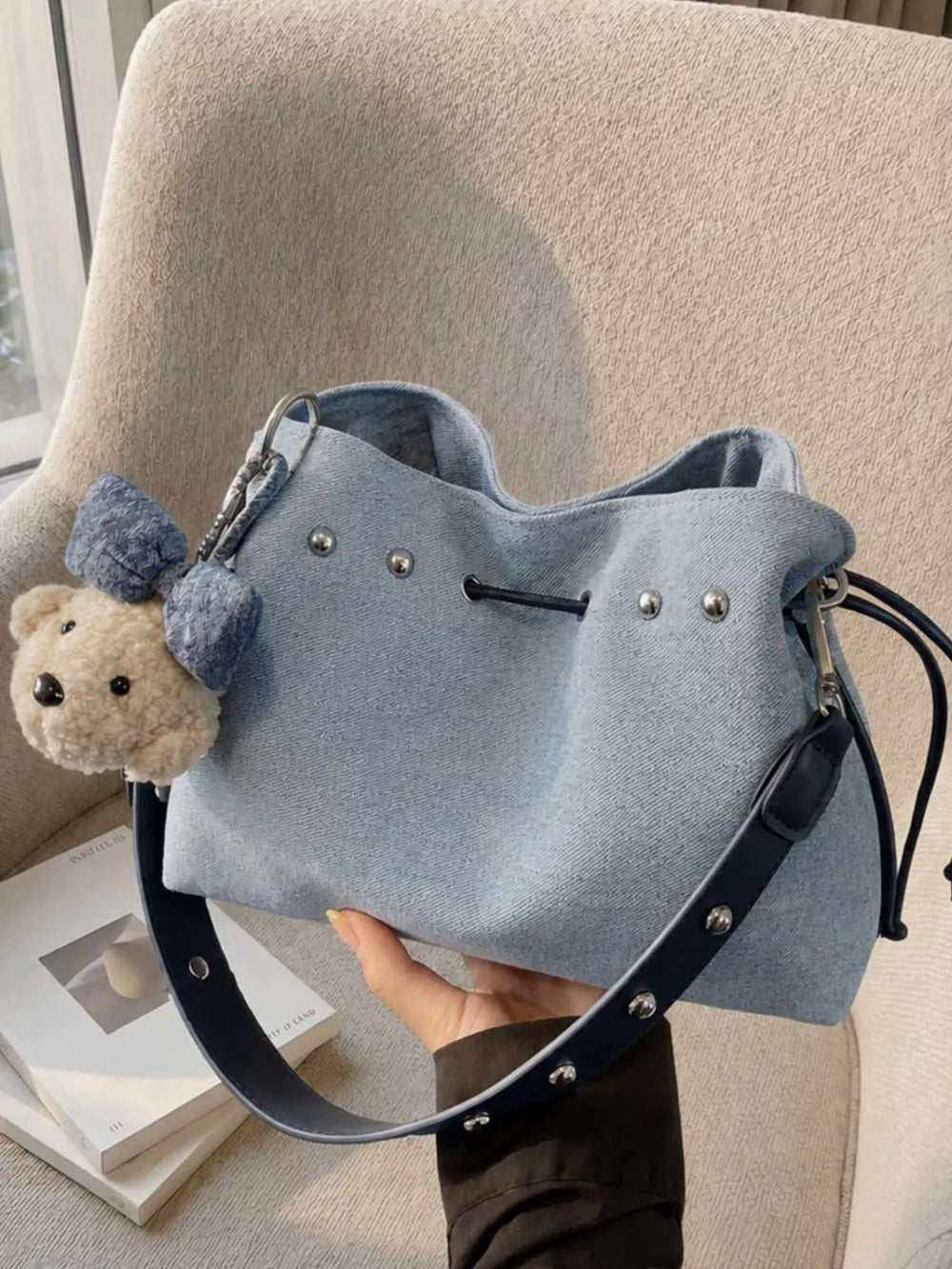 Bucket Crossbody Bag in Blue, close-up detail