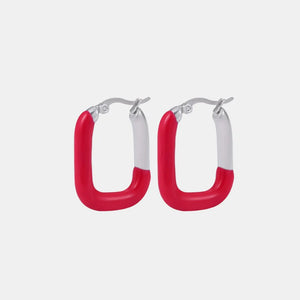 Red and silver two-tone enamel rectangle hoop earrings