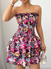 Strapless Smocked Floral Tiered Mini Dress in Color, model styling view