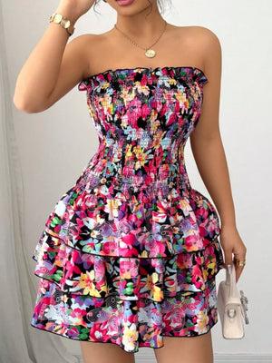 Strapless Smocked Floral Tiered Mini Dress in Color, model styling view