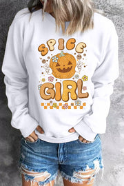 White crewneck sweatshirt with Spice Girl pumpkin graphic and retro floral details.