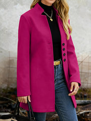 Chic longline trench coat in Deep Rose with button-down front and collarless neckline.