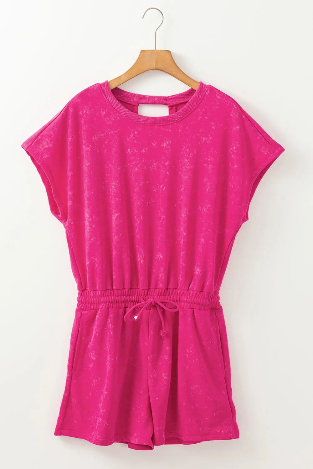 Acid wash tee and short set in hot pink with a cutout back and drawstring waist.