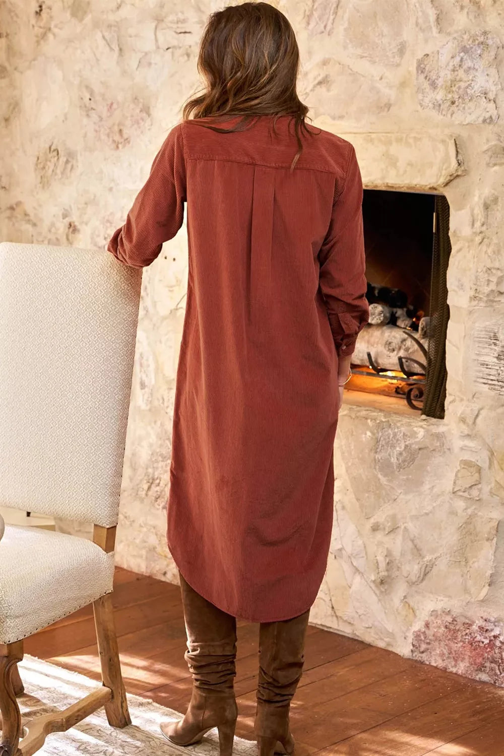 Long Sleeve Button Down Corduroy Midi Dress in Rust, close-up detail