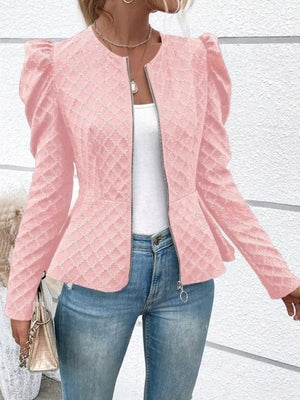 Puff Sleeve Textured Jacquard Jacket in Pink, alternate angle