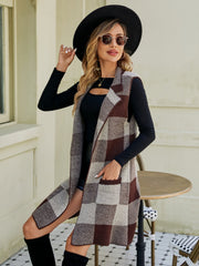 Geometric knit duster vest in brown and tan plaid with pockets.