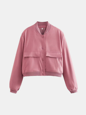 Boxy bomber jacket in Dusty Pink with two chest pockets and ribbed cuffs and hem.