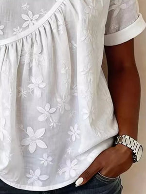 Floral Embroidered Round Neck Short Sleeve Top Plus Size in White, close-up detail