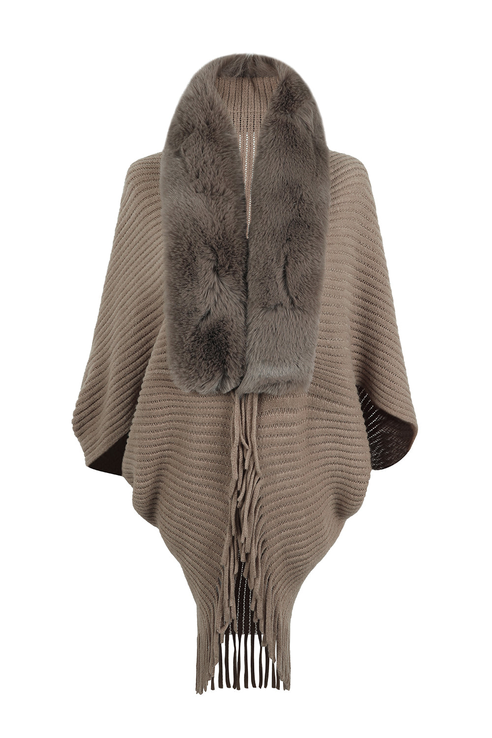 Faux fur collar knit cape in taupe with fringe detail and open knit sleeves.