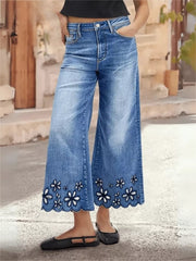 Embroidered Wide-leg Cropped Jeans With Scalloped Hem