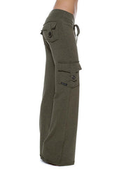 Army green cargo-inspired wide-leg drawstring trousers with button-flap pockets.