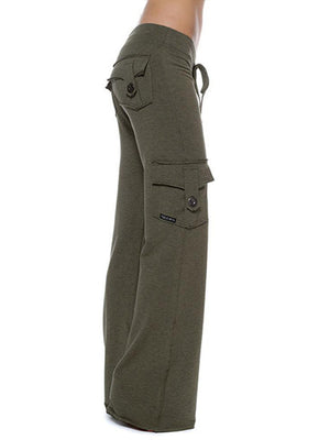 Army green cargo-inspired wide-leg drawstring trousers with button-flap pockets.
