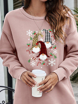 Dusty Pink tunic sweatshirt with festive gnome graphic, snowflakes, and candy canes.