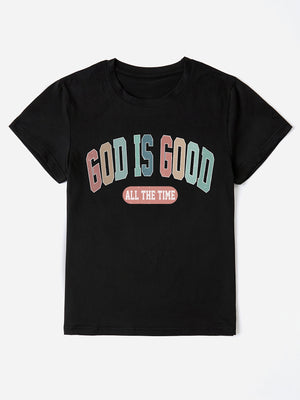Black crewneck t-shirt with "GOD IS GOOD ALL THE TIME" graphic in pastel collegiate font.