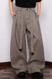 Men's belted wide leg plaid sweatpants in brown with a casual fit.