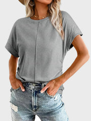 Gray seamed front tee with ruched sleeves and side detail, crew neck, short sleeves.