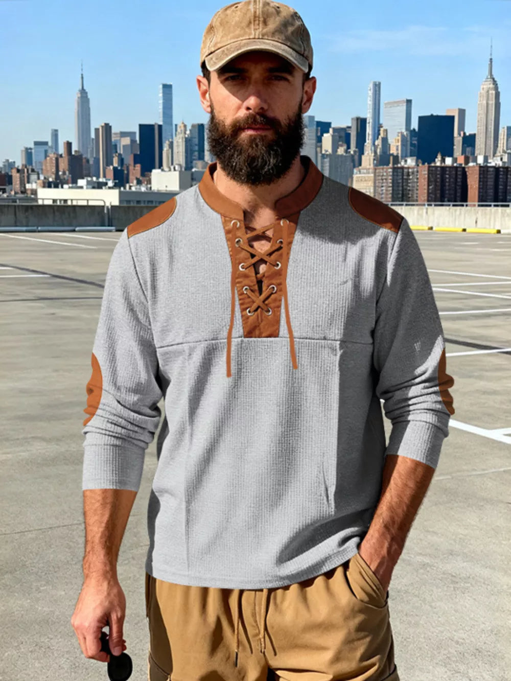 Light Gray long-sleeve men's t-shirt with lace-up neckline and brown elbow patches.