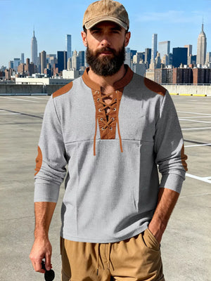 Light Gray long-sleeve men's t-shirt with lace-up neckline and brown elbow patches.