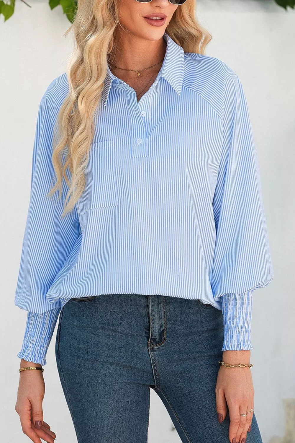 Striped Smocked Sleeve Collared Blouse in Light Blue, front view