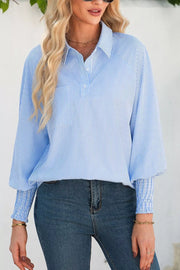 Striped Smocked Sleeve Collared Blouse in Light Blue, front view