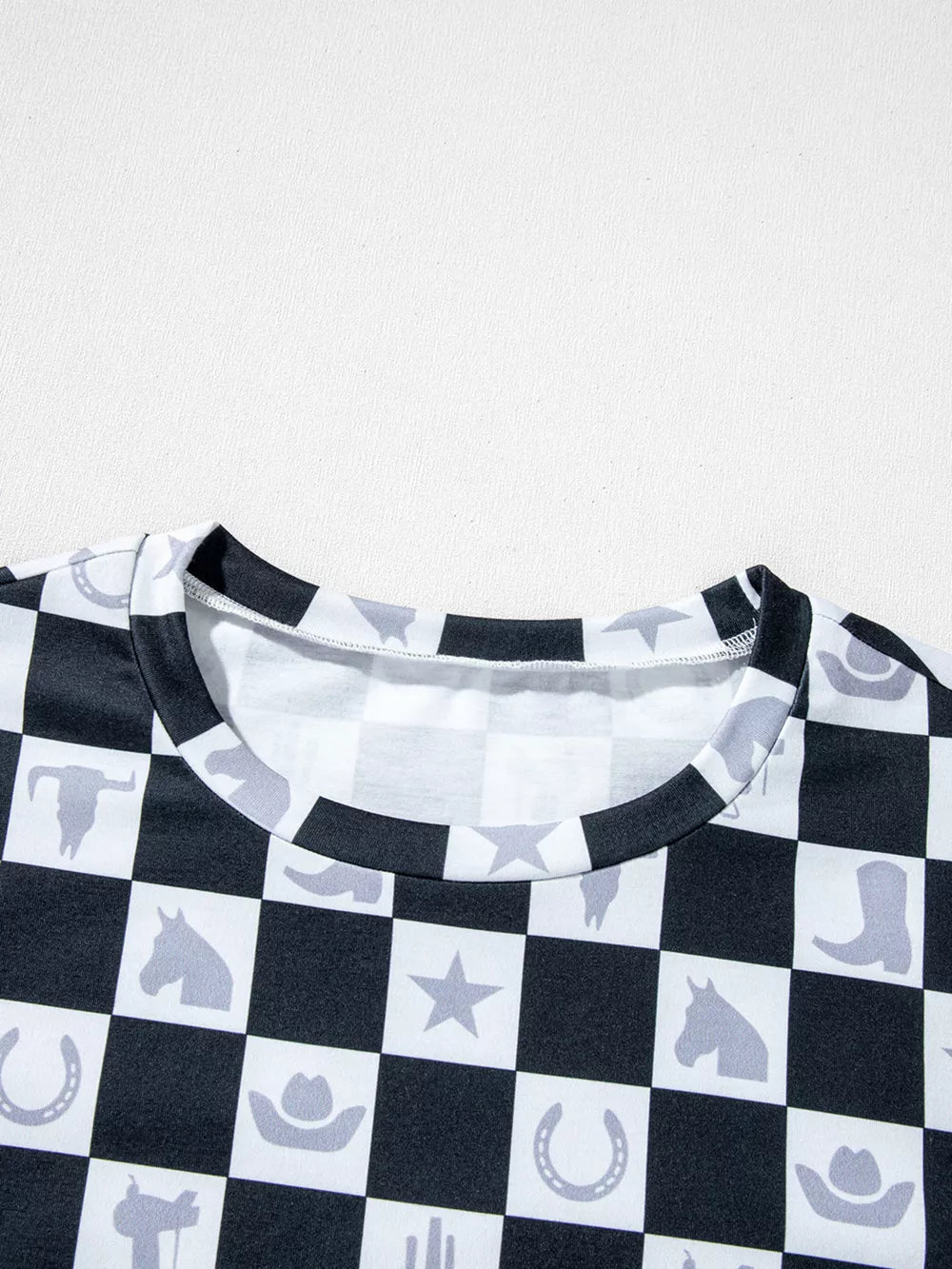 Western Checkerboard Print Side Split T-shirt in Black, fit detail