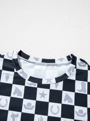Western Checkerboard Print Side Split T-shirt in Black, fit detail