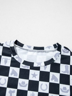 Western Checkerboard Print Side Split T-shirt in Black, fit detail