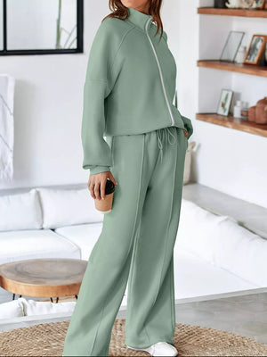 Sage zip-up jacket and drawstring pants set, cotton, relaxed fit, casual loungewear