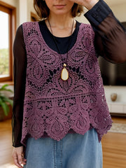Deep Purple lace overlay cropped vest with intricate floral pattern and scalloped hem.