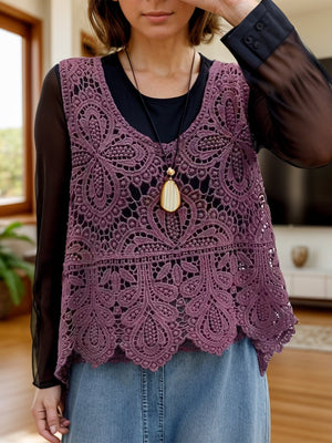 Deep Purple lace overlay cropped vest with intricate floral pattern and scalloped hem.