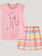Toddler girl's pink cotton set with ruffled sleeves and jellyfish graphic, paired with plaid shorts.