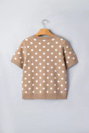 Camel polka dot short sleeve knit cardigan with white dots and ribbed trim.