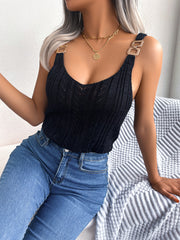 Black knit tank top with V-neck and gold buckle strap details
