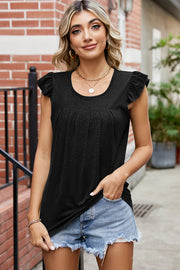 Black pleated front flutter sleeve top with scoop neck.