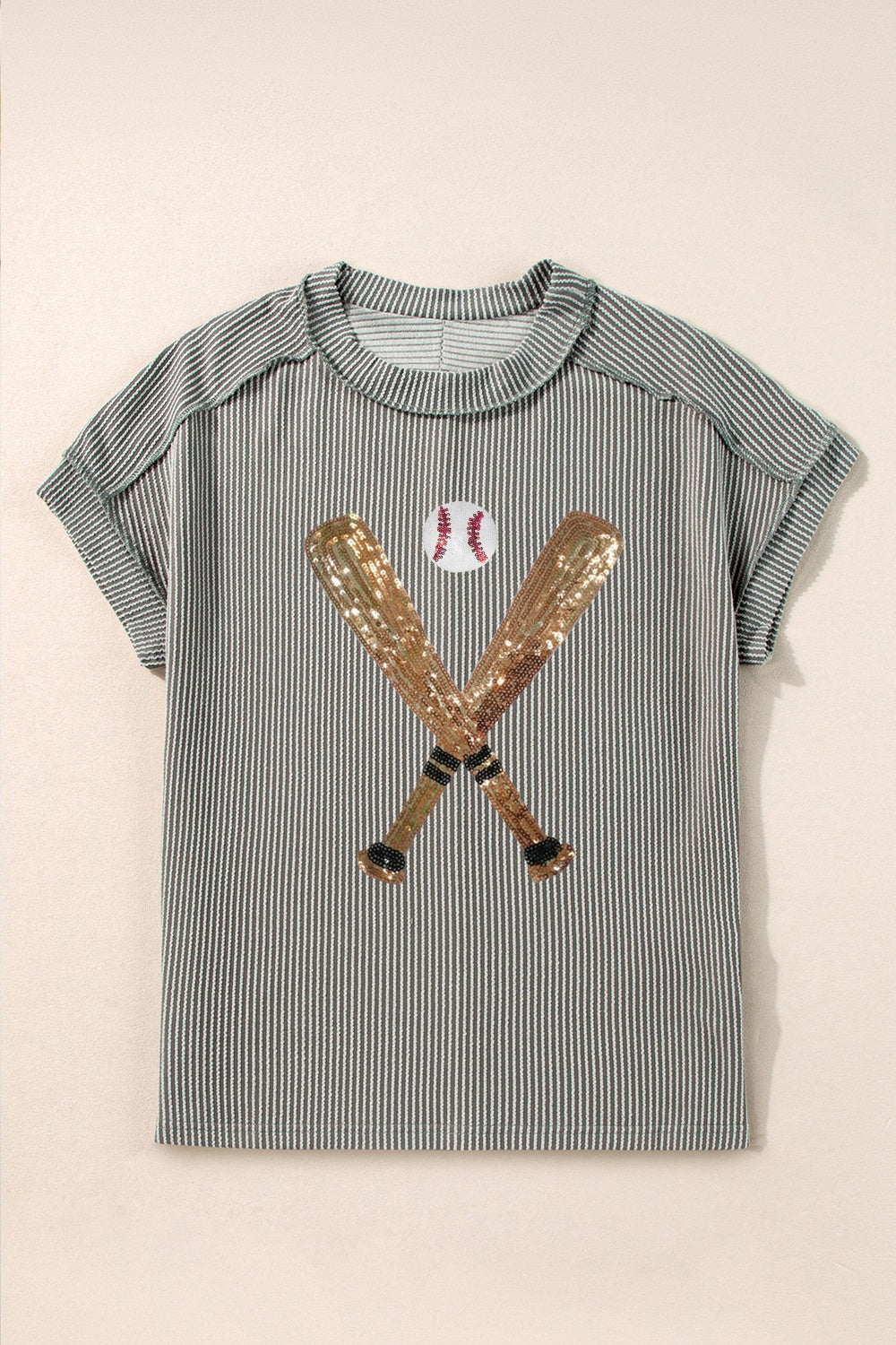 Sequin baseball graphic tee with rolled sleeves in dark gray stripe.