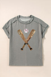 Sequin baseball graphic tee with rolled sleeves in dark gray stripe.