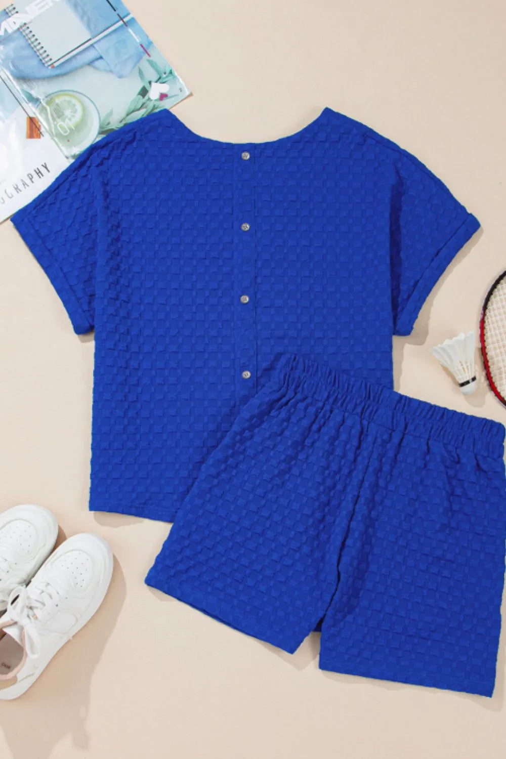 Royal blue textured tee with button back and matching bow shorts set