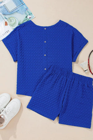 Royal blue textured tee with button back and matching bow shorts set