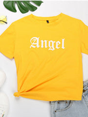 Yellow t-shirt with white Angel graphic and knotted hem