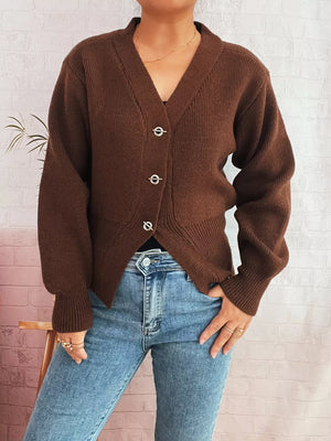 Brown ribbed V-neck button-through cardigan with silver buttons