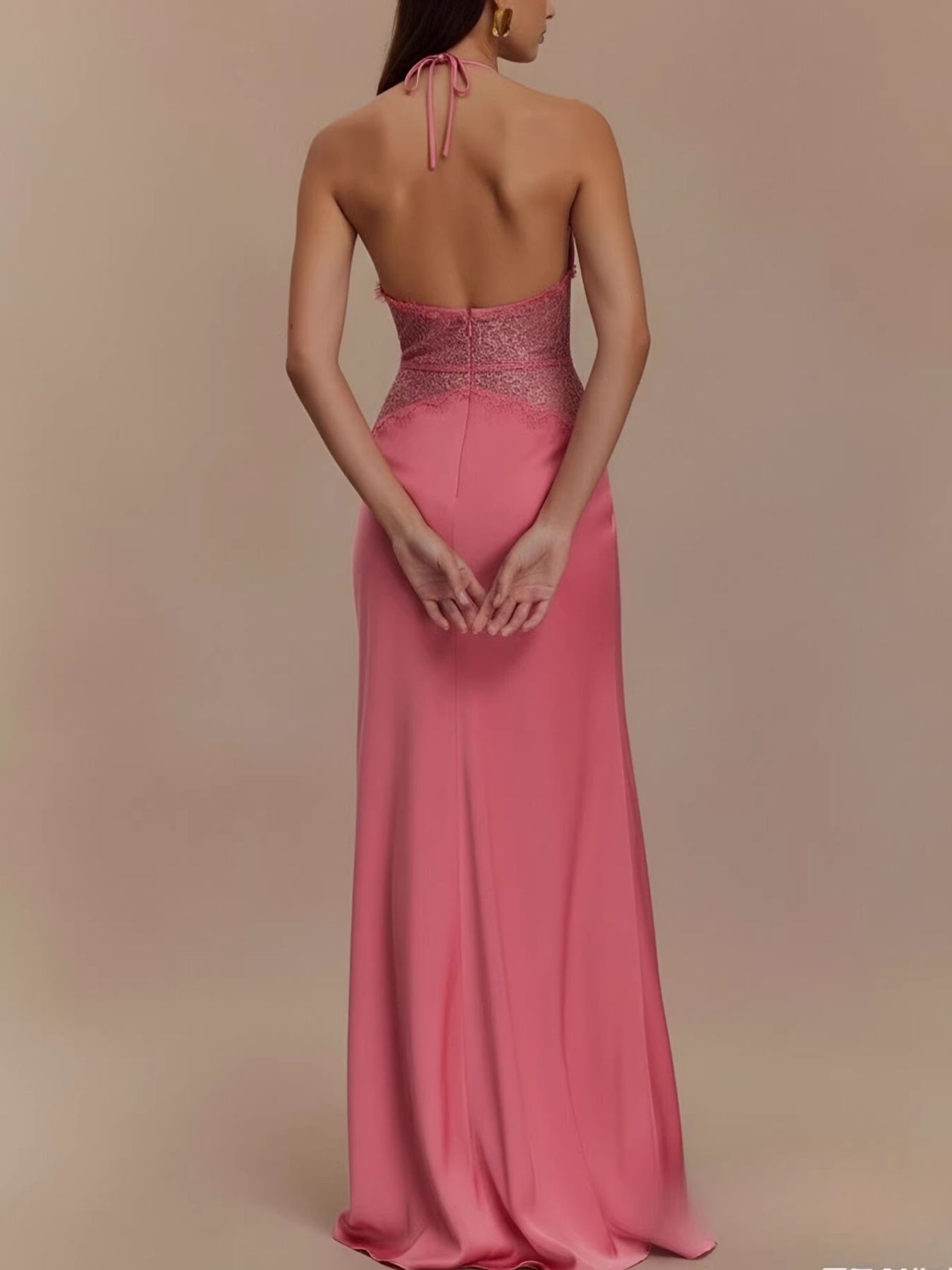 Fuchsia pink lace trim halter neck maxi dress with a satin finish.