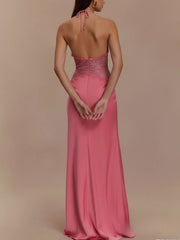 Fuchsia pink lace trim halter neck maxi dress with a satin finish.