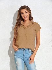 Textured dot poplin shirt in khaki with short sleeves and button front.