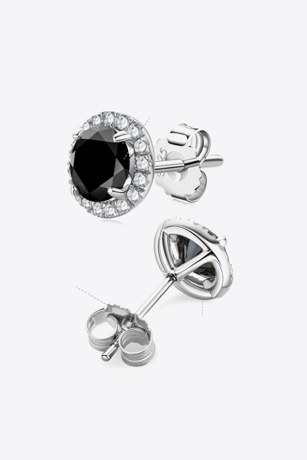 Black diamond halo stud earrings with clear accent stones and silver settings.