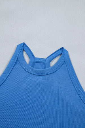 Blue ribbed cropped tank top with racerback detail