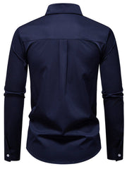 Men's navy blue long sleeve button-up shirt with pocket detail