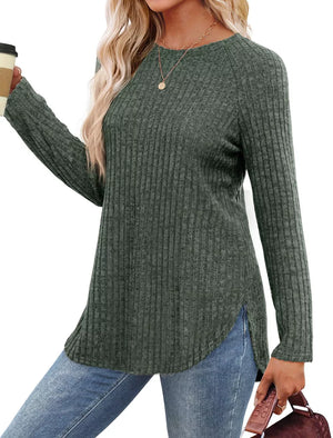 Moss ribbed knit long sleeve maternity t-shirt with crew neck and curved hem