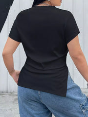 Plus size black asymmetrical t-shirt with short sleeves and side slits.