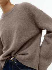 Oversized crewneck sweater in brushed knit acrylic, shown in Tan.