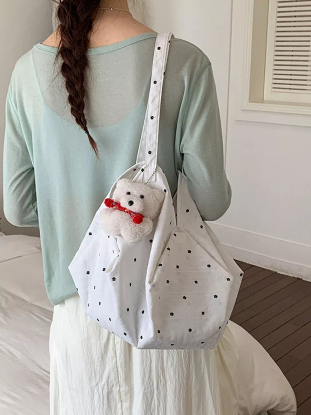 Polka Dot Shoulder Bag in White, model styling view